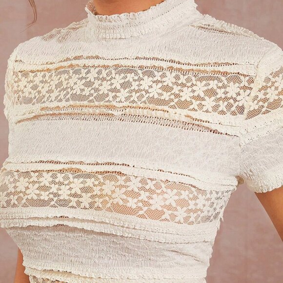 boho women's Mixed Fabric Lace Top & Flared Pants Two Pieces Set - Picture 3 of 7